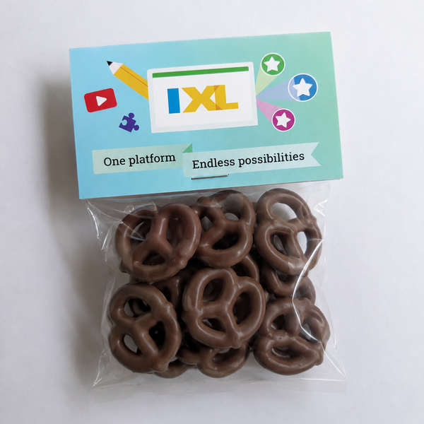 Branded chocolate covered pretzel bags Promotional tradeshow giveaways 
