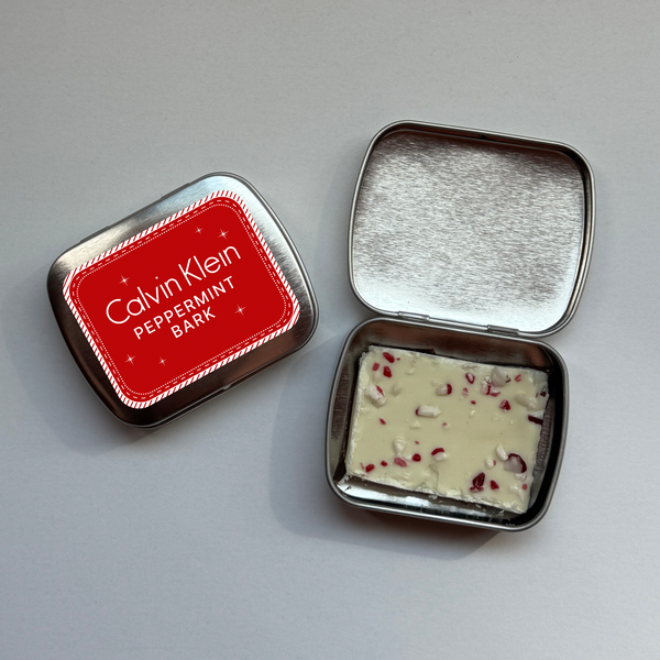branded peppermint bark tins holiday promotional products